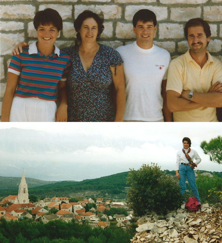 Top: Joe and me in 1984 with two of our Croatian relatives. - Bottom: me in 1996, with the village of Selca in the distance.